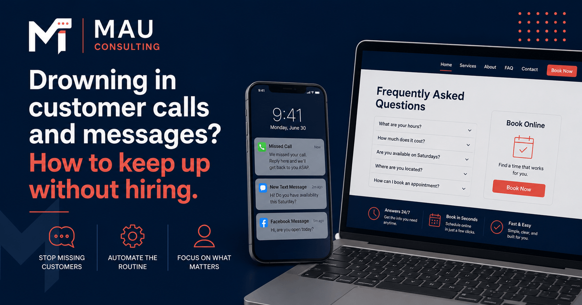 A phone showing a missed-call auto-reply, a text, and a Facebook message, next to a laptop showing a website FAQ page and an online booking button