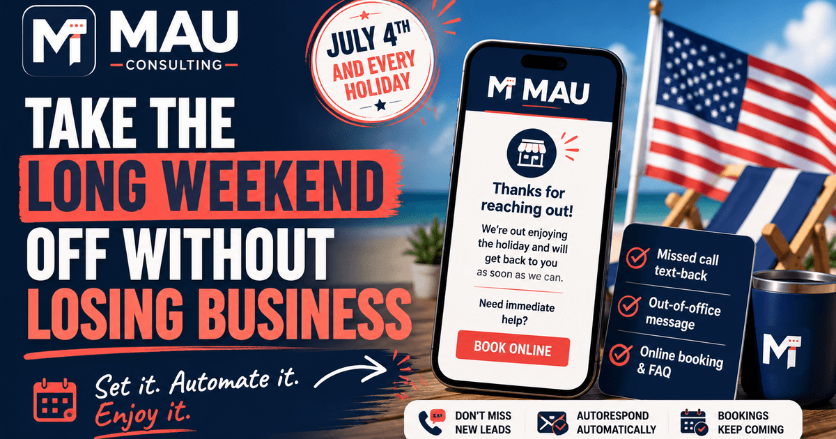 Take the long weekend off without losing business: a phone showing a holiday auto-reply that thanks a customer and offers online booking, beside a list of missed-call text-back, out-of-office message, and online booking and FAQ
