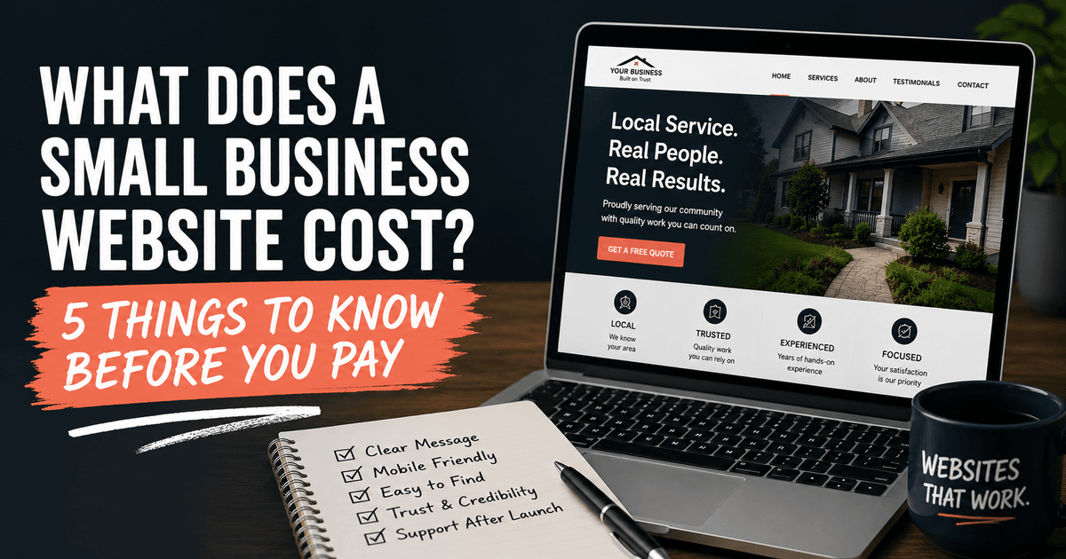 What does a small business website cost? Five things to know before you pay, next to a laptop showing a local business website and a checklist