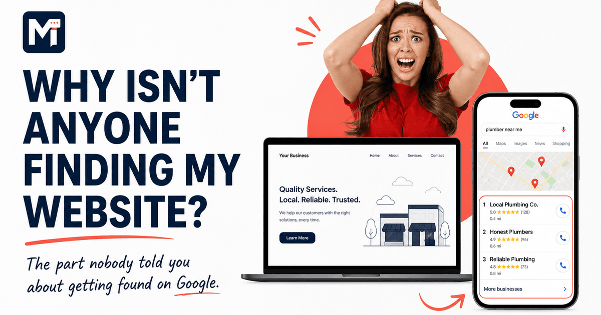 A frustrated local business owner looking at a quiet website, next to a phone showing Google search results dominated by a map and reviews
