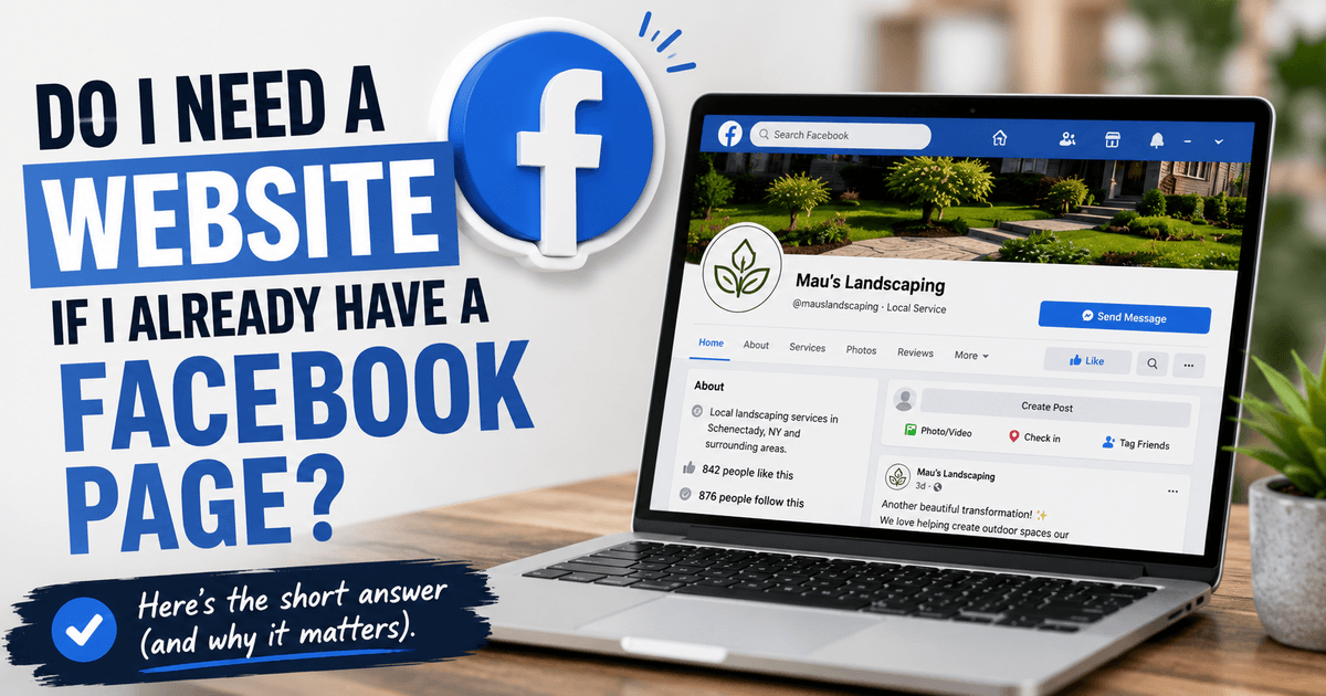 A laptop showing a local business Facebook page next to a phone showing the same business in Google search results